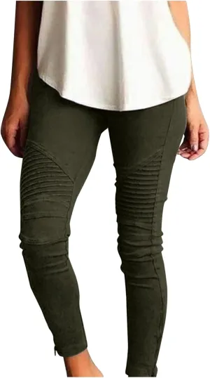CRNTCEM Womens Cotton Moto Leggings High Waist Stretch Skinny Motorcycle Biker Pants Ankle Zipper Pleated Pull-On Pencil Pant