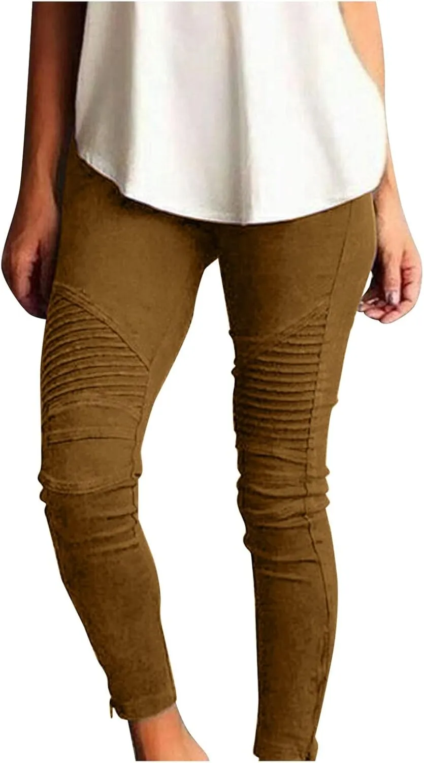 CRNTCEM Womens Cotton Moto Leggings High Waist Stretch Skinny Motorcycle Biker Pants Ankle Zipper Pleated Pull-On Pencil Pant
