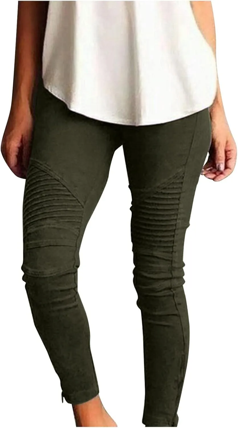 CRNTCEM Womens Cotton Moto Leggings High Waist Stretch Skinny Motorcycle Biker Pants Ankle Zipper Pleated Pull-On Pencil Pant