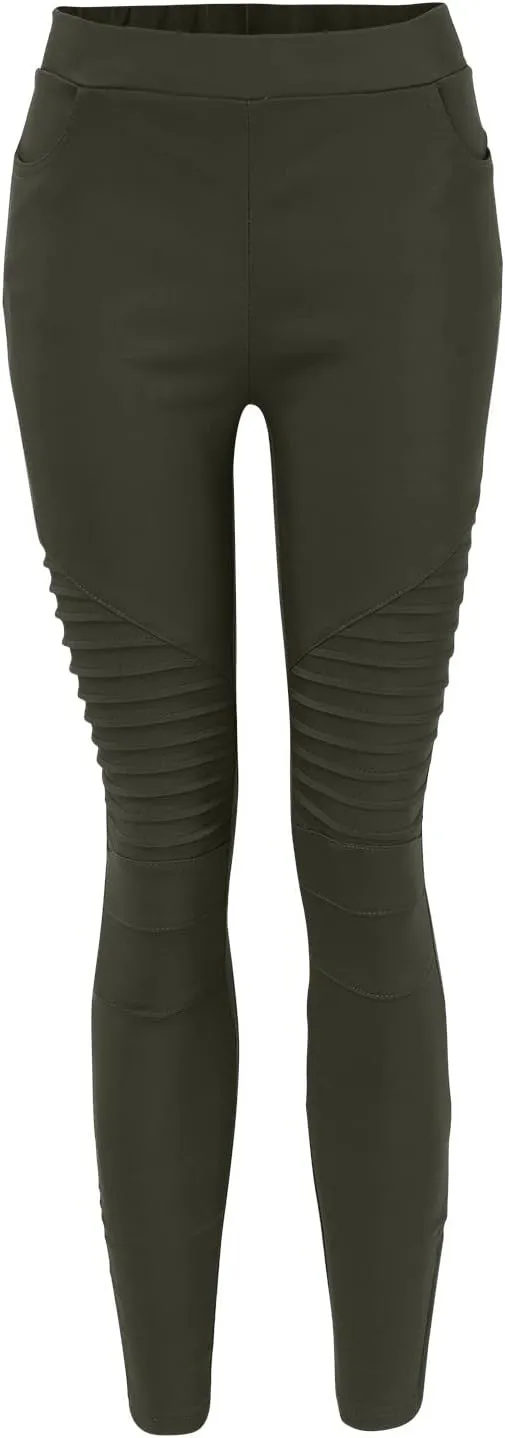 CRNTCEM Womens Cotton Moto Leggings High Waist Stretch Skinny Motorcycle Biker Pants Ankle Zipper Pleated Pull-On Pencil Pant