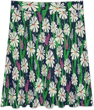 Daisy Flowers Navy Skirts for Women Work Party Travel Midi Length Ruffle Skirt High Waisted Fall Long Casual Skirts