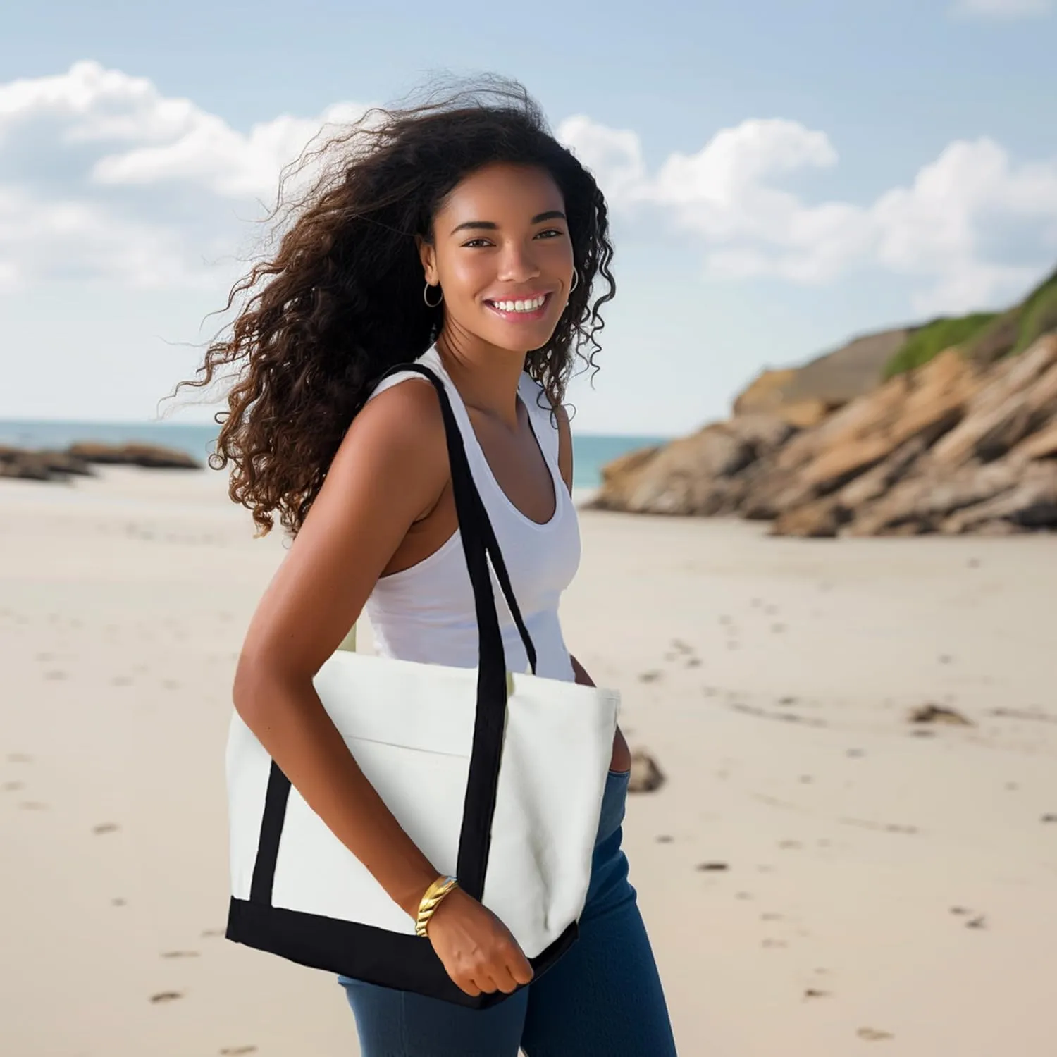 DALIX Daily Shoulder Tote Bag Premium Cotton in Black