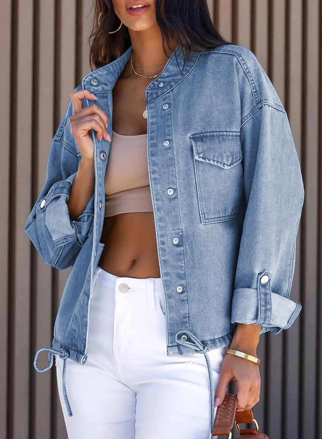 Dokotoo Jean Jacket for Women Cropped Jacket 2024 Fashion Casual Denim Jacket Long Sleeve Button Down Coat with Pockets