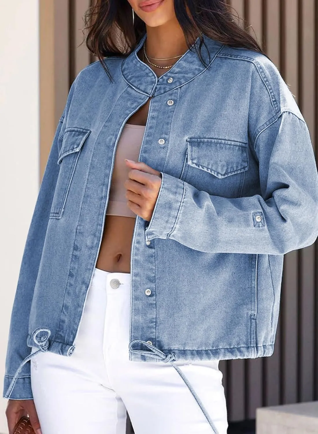 Dokotoo Jean Jacket for Women Cropped Jacket 2024 Fashion Casual Denim Jacket Long Sleeve Button Down Coat with Pockets