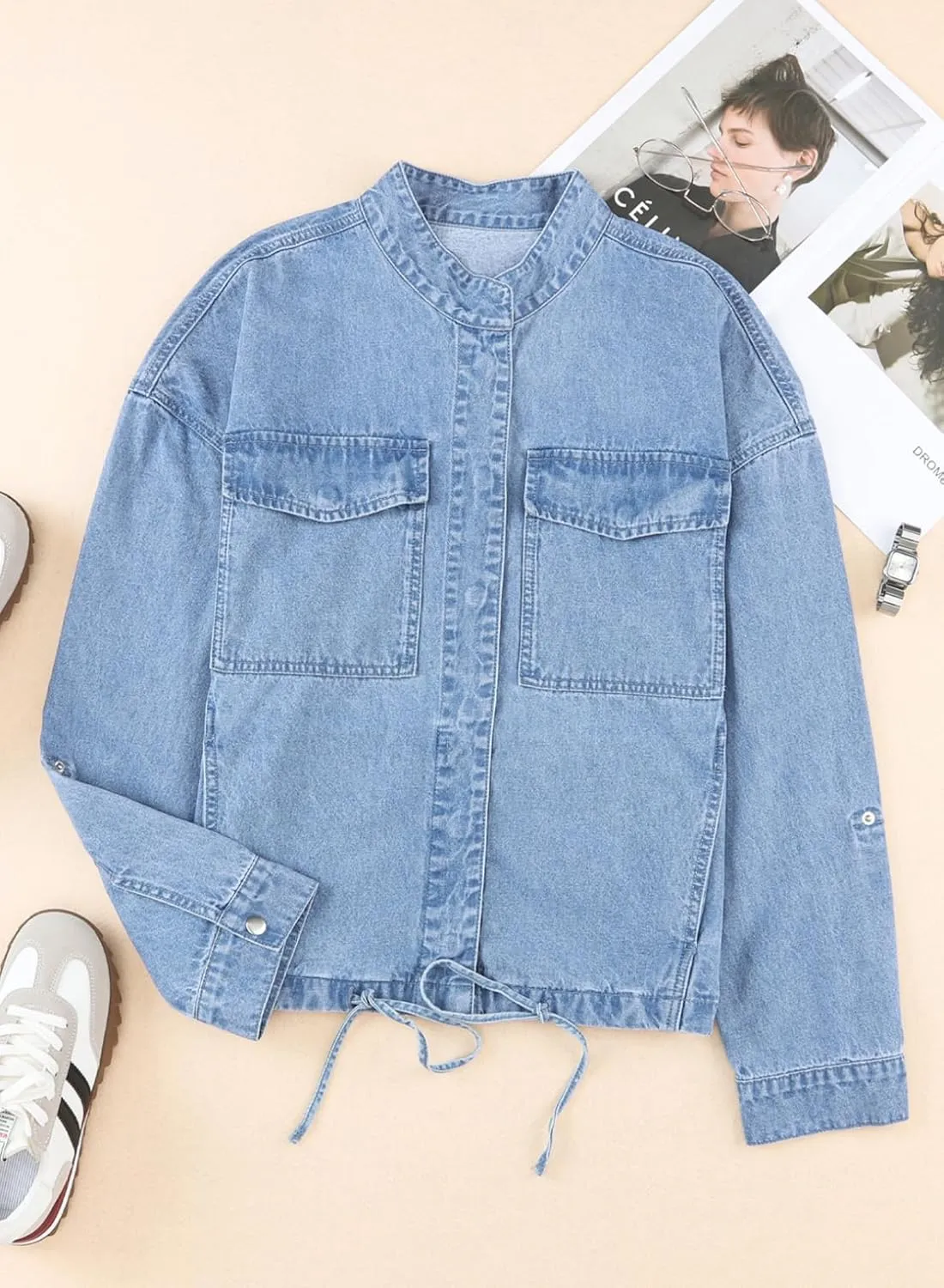 Dokotoo Jean Jacket for Women Cropped Jacket 2024 Fashion Casual Denim Jacket Long Sleeve Button Down Coat with Pockets