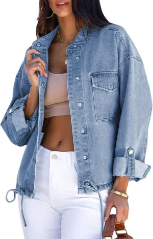 Dokotoo Jean Jacket for Women Cropped Jacket 2024 Fashion Casual Denim Jacket Long Sleeve Button Down Coat with Pockets