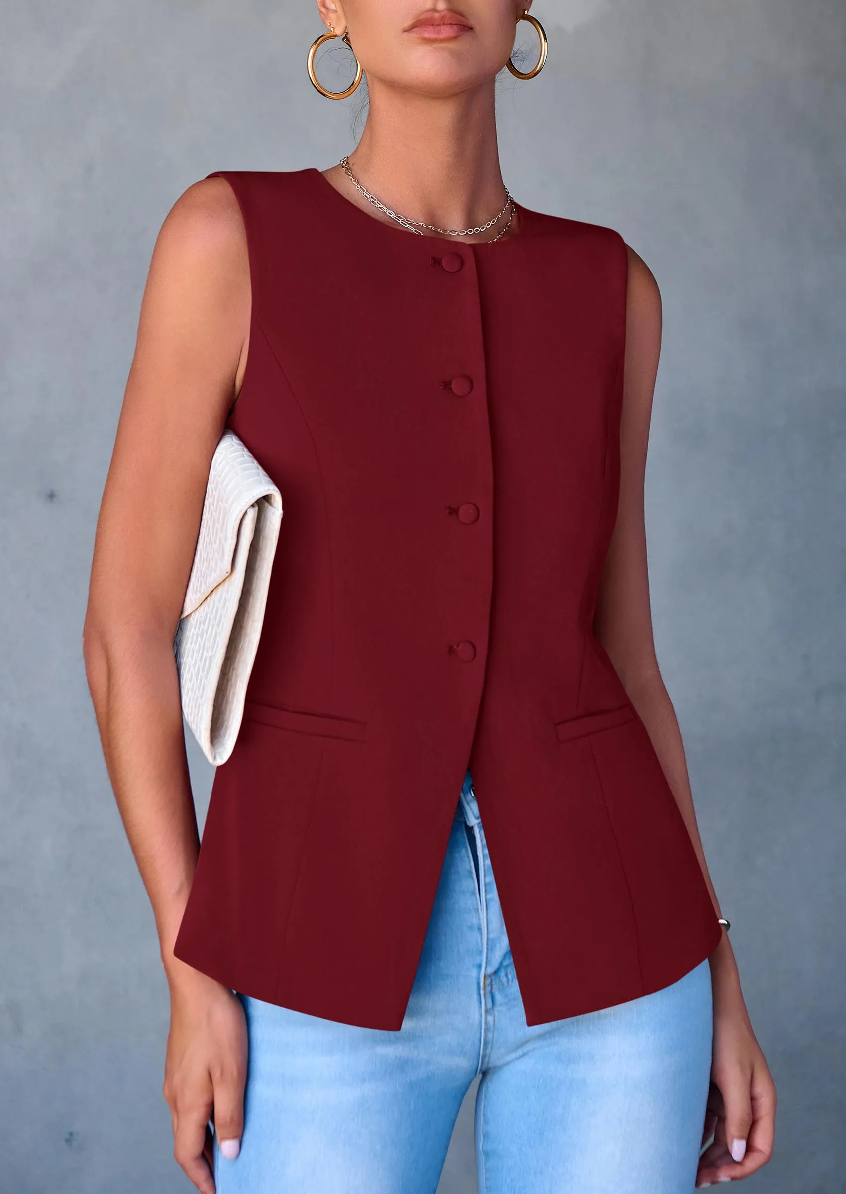 Dressy Business Casual Sleeveless Button Down Blazer Waistcoat