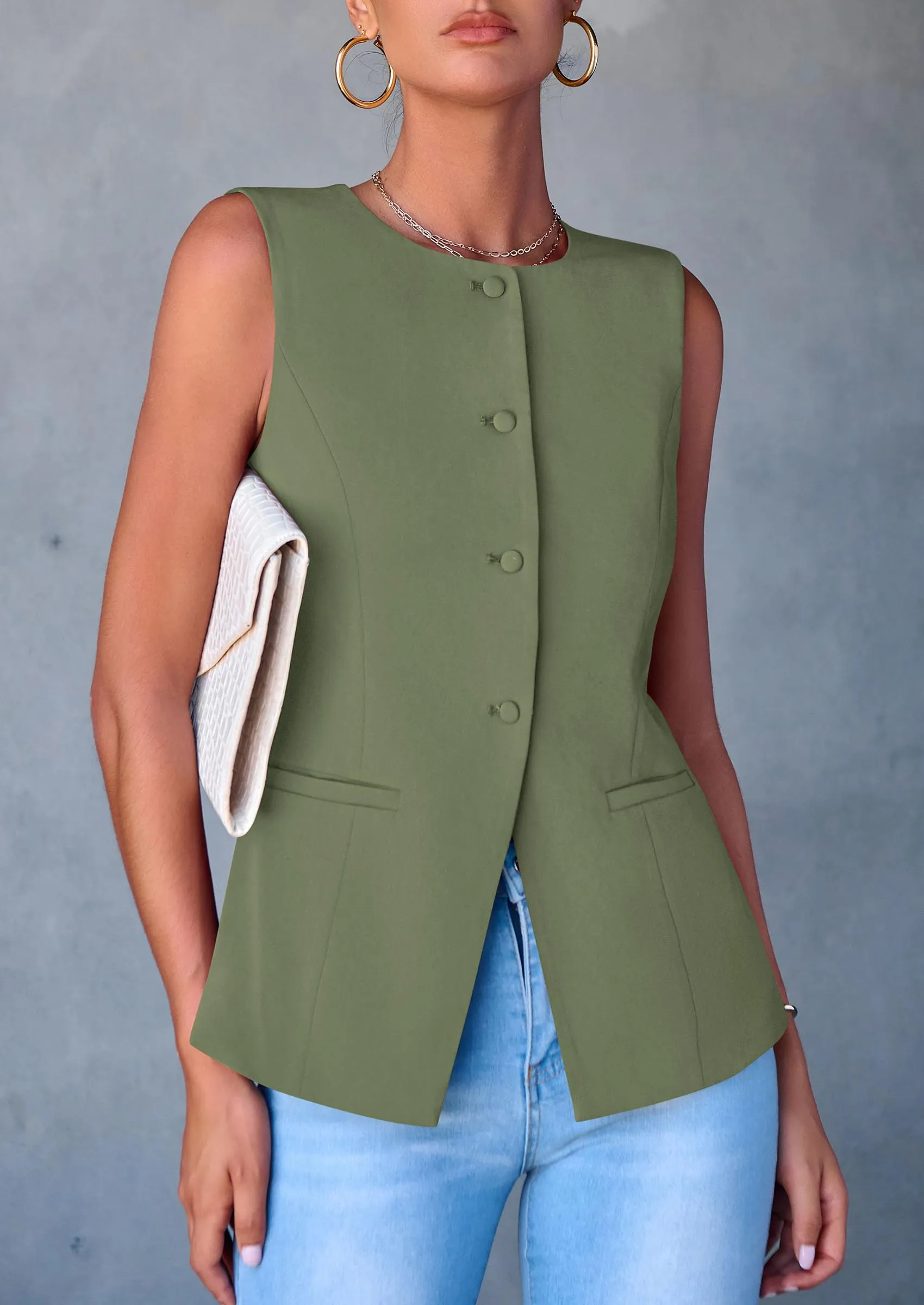 Dressy Business Casual Sleeveless Button Down Blazer Waistcoat