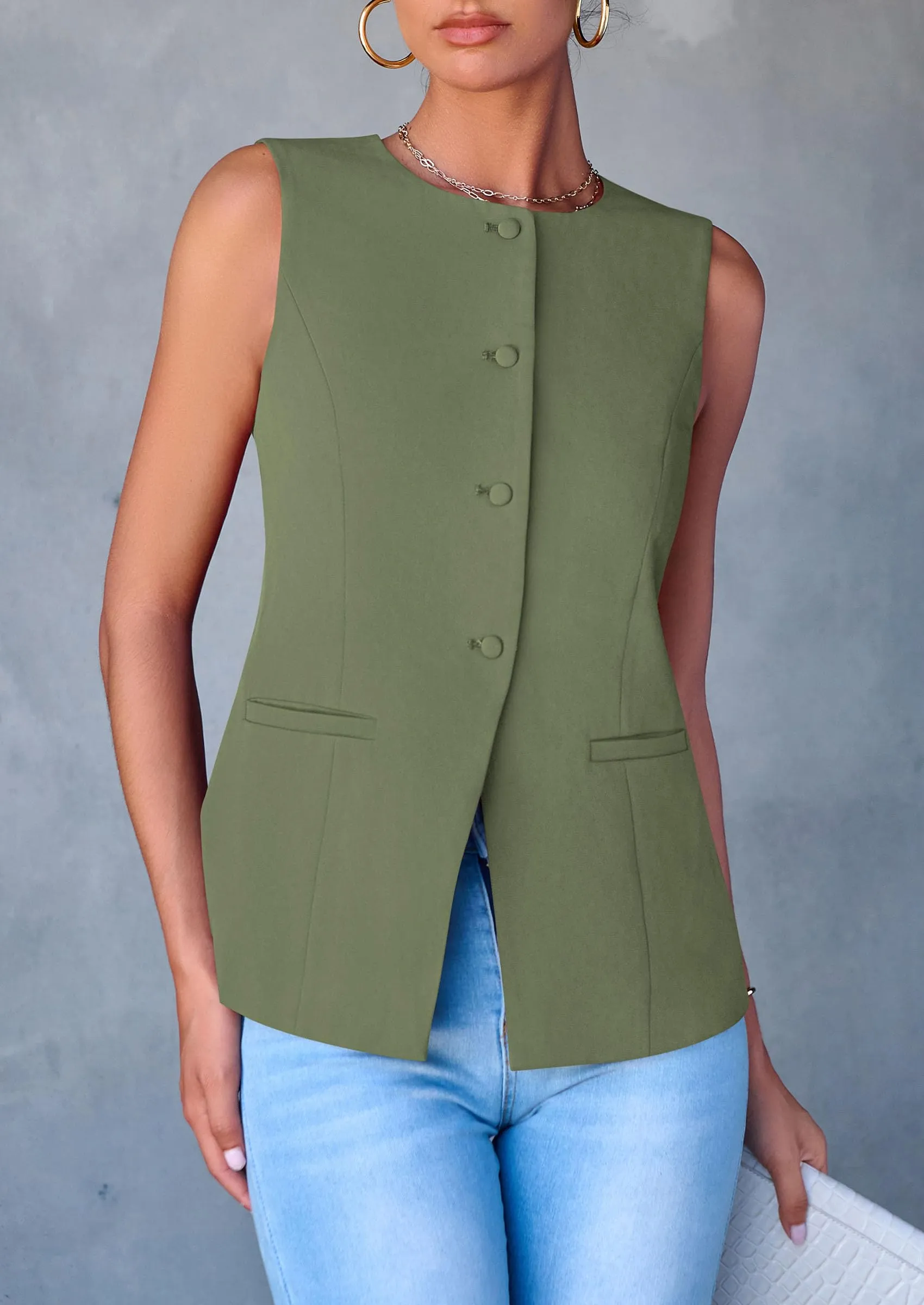 Dressy Business Casual Sleeveless Button Down Blazer Waistcoat