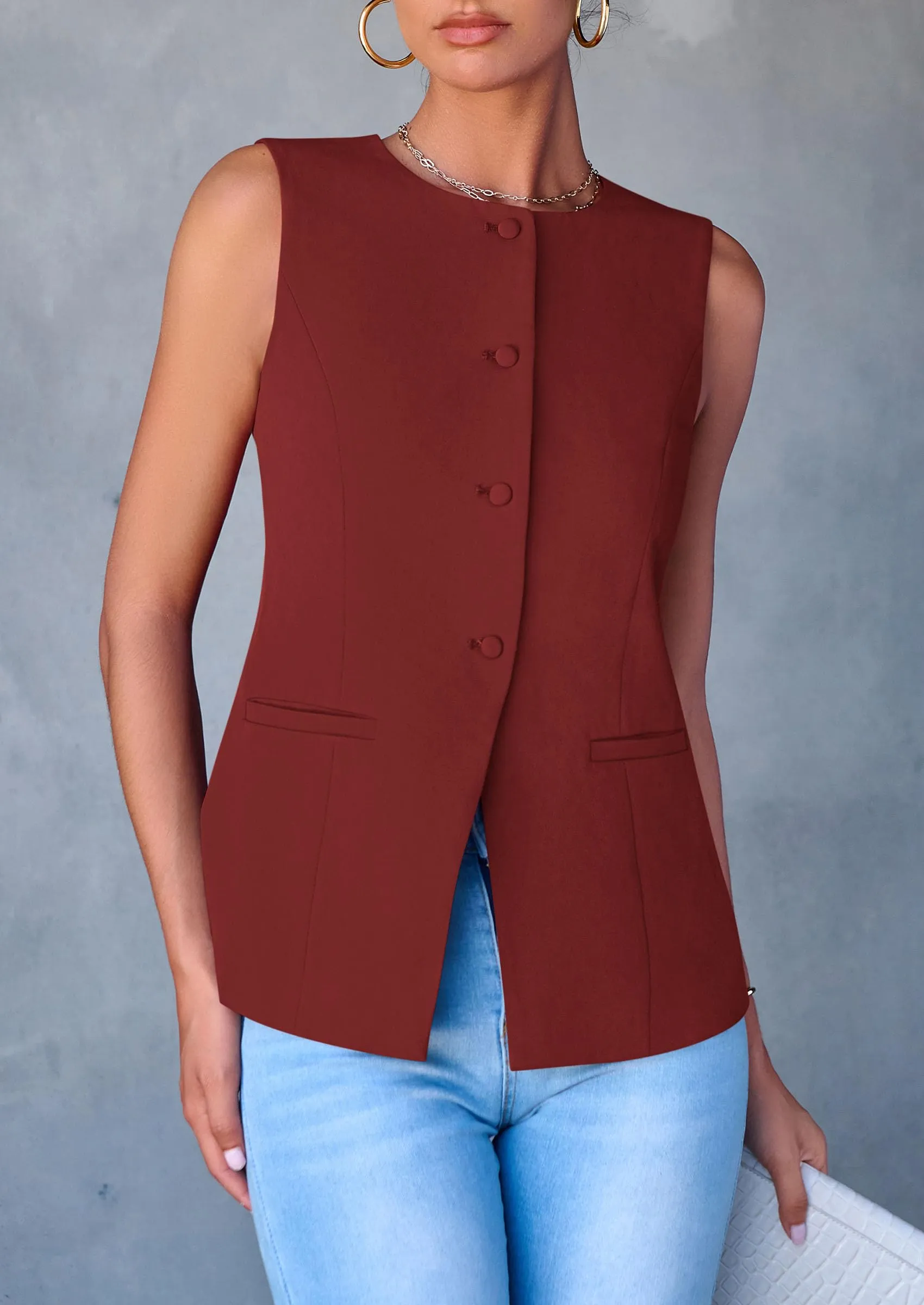 Dressy Business Casual Sleeveless Button Down Blazer Waistcoat
