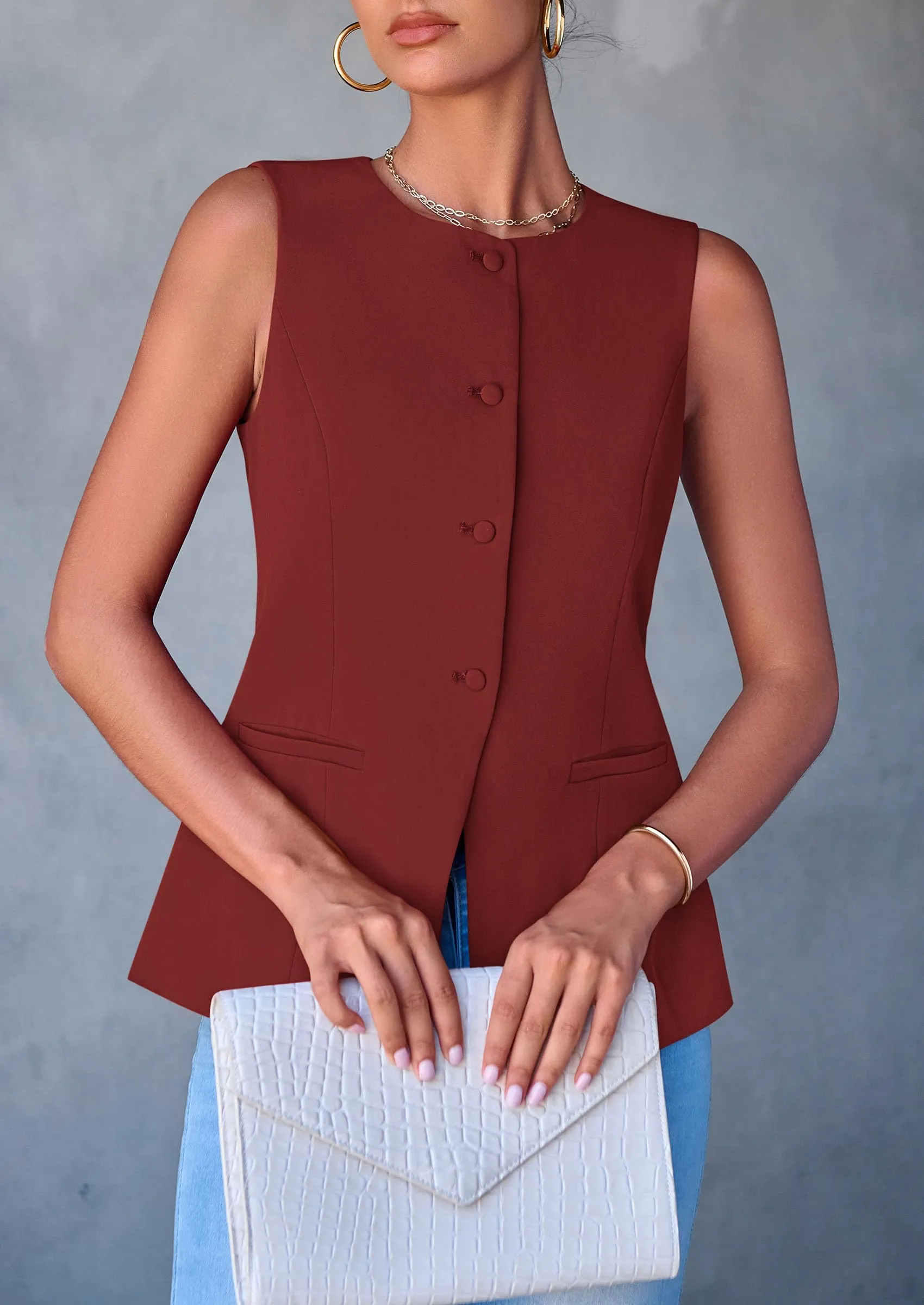 Dressy Business Casual Sleeveless Button Down Blazer Waistcoat
