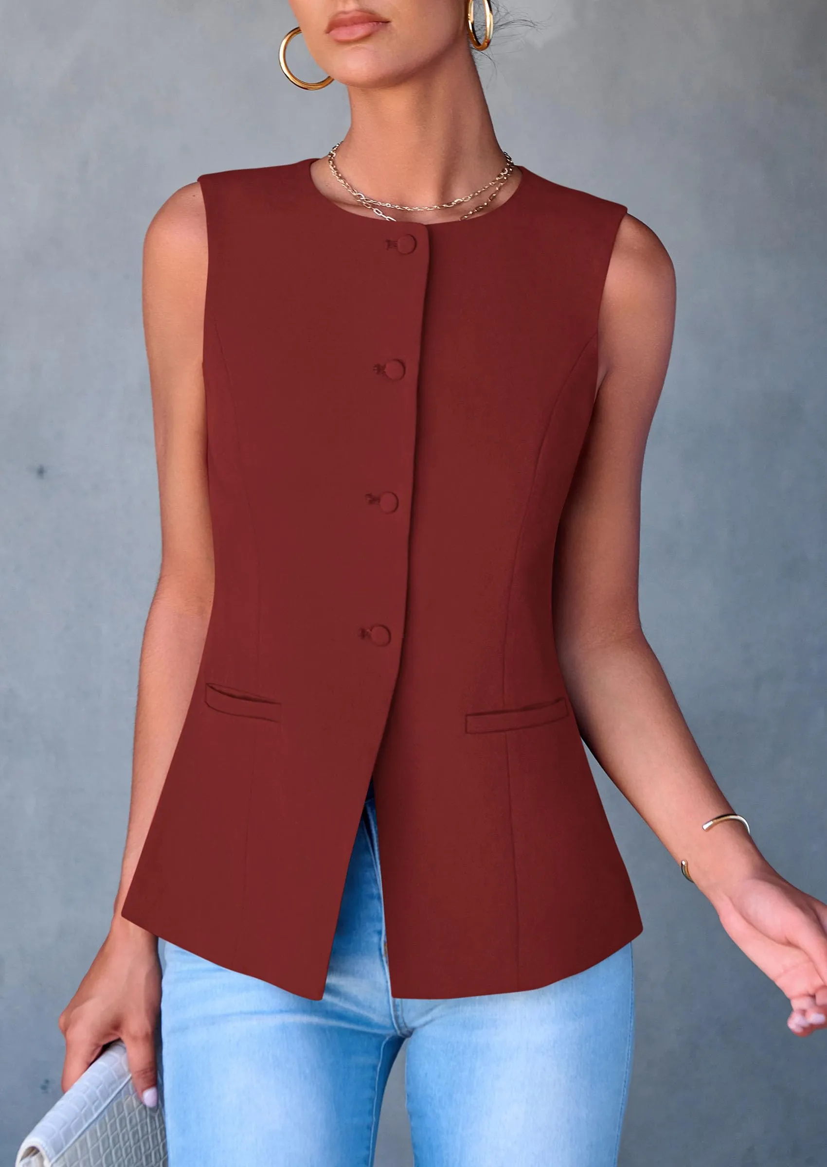 Dressy Business Casual Sleeveless Button Down Blazer Waistcoat