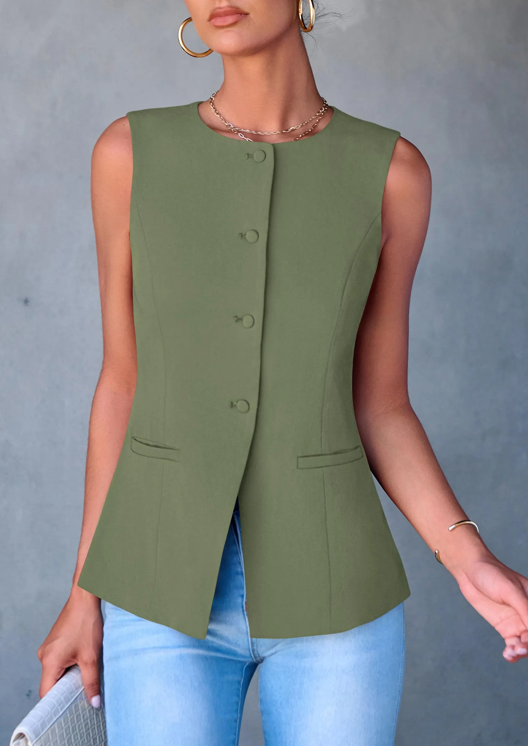 Dressy Business Casual Sleeveless Button Down Blazer Waistcoat