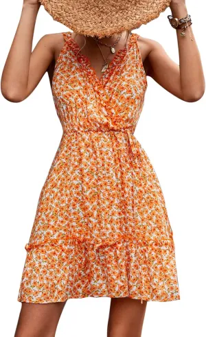 Ejoyous Women Floral Print Dress Sleeveless V Neck Short Dress Waist Belted Loose Ruffles Hem Knee Length Mini Dress(M-White-Orange)