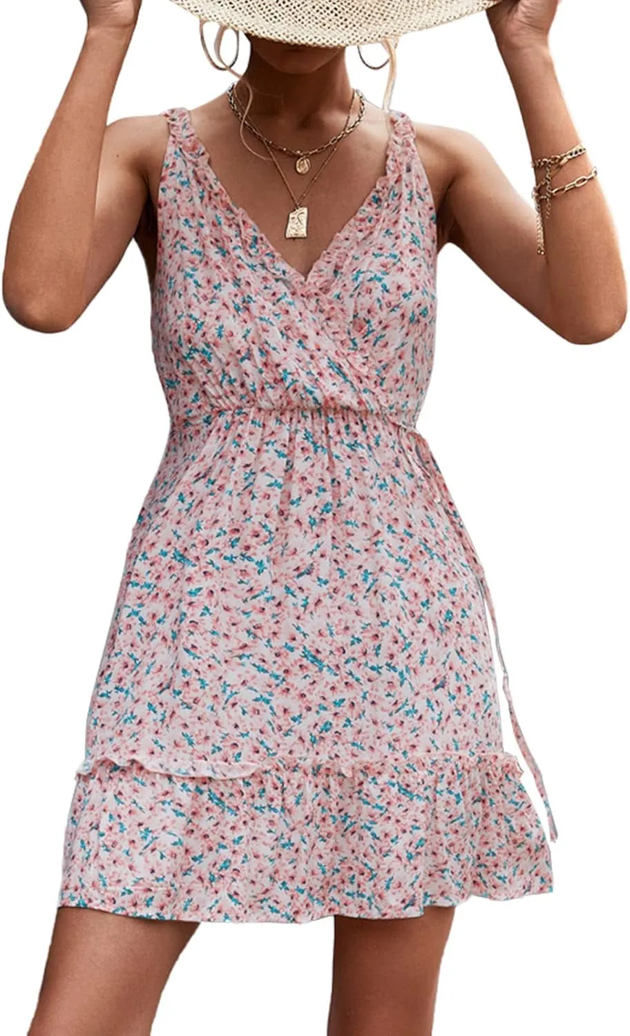 Ejoyous Women Floral Print Dress Sleeveless V Neck Short Dress Waist Belted Loose Ruffles Hem Knee Length Mini Dress(S-White)