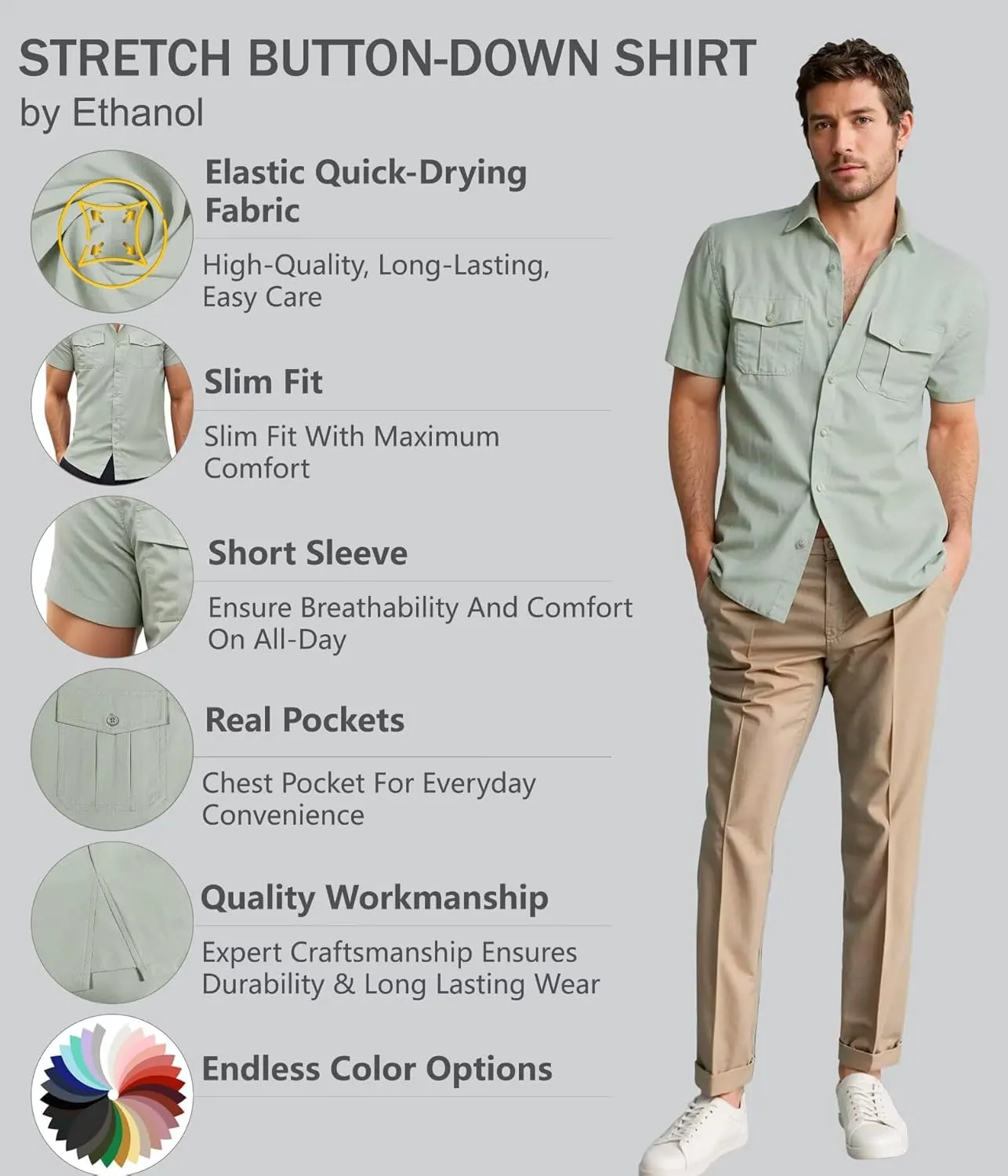 ETHANOL Mens Super Soft Slim Fit Shirt Wrinkle Free Performance Tech 4-Way Stretch Ripstop Fabric Casual Short Sleeve Shirts