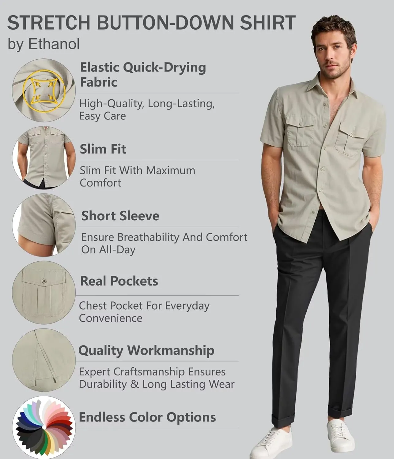 ETHANOL Mens Super Soft Slim Fit Shirt Wrinkle Free Performance Tech 4-Way Stretch Ripstop Fabric Casual Short Sleeve Shirts