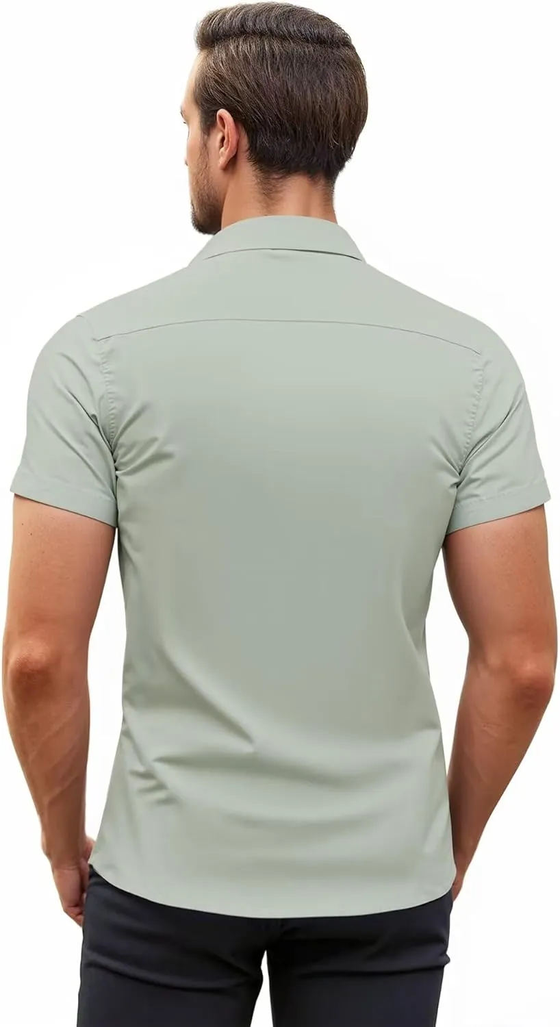 ETHANOL Mens Super Soft Slim Fit Shirt Wrinkle Free Performance Tech 4-Way Stretch Ripstop Fabric Casual Short Sleeve Shirts