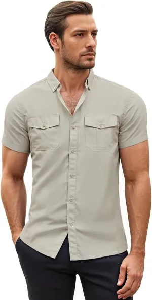 ETHANOL Mens Super Soft Slim Fit Shirt Wrinkle Free Performance Tech 4-Way Stretch Ripstop Fabric Casual Short Sleeve Shirts