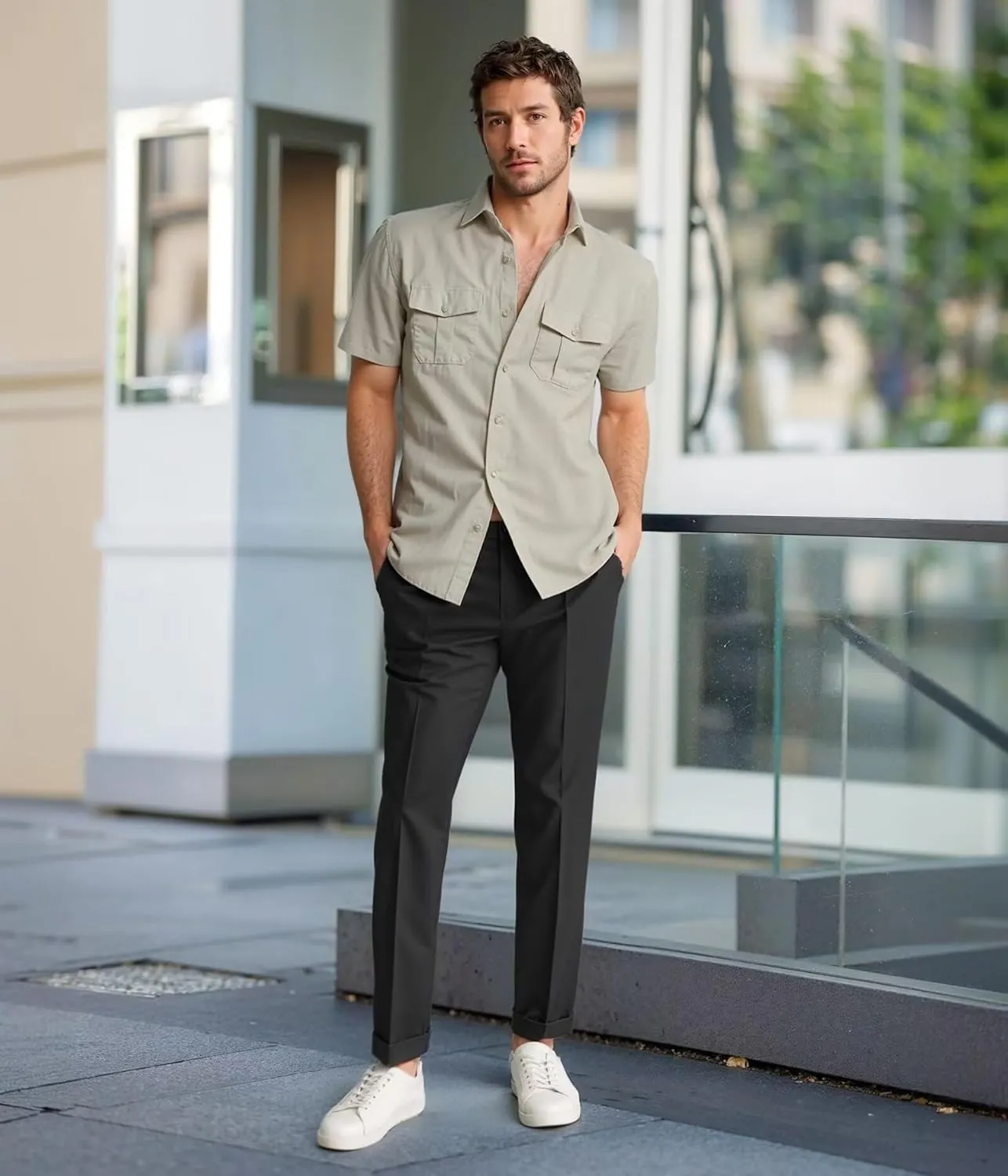ETHANOL Mens Super Soft Slim Fit Shirt Wrinkle Free Performance Tech 4-Way Stretch Ripstop Fabric Casual Short Sleeve Shirts