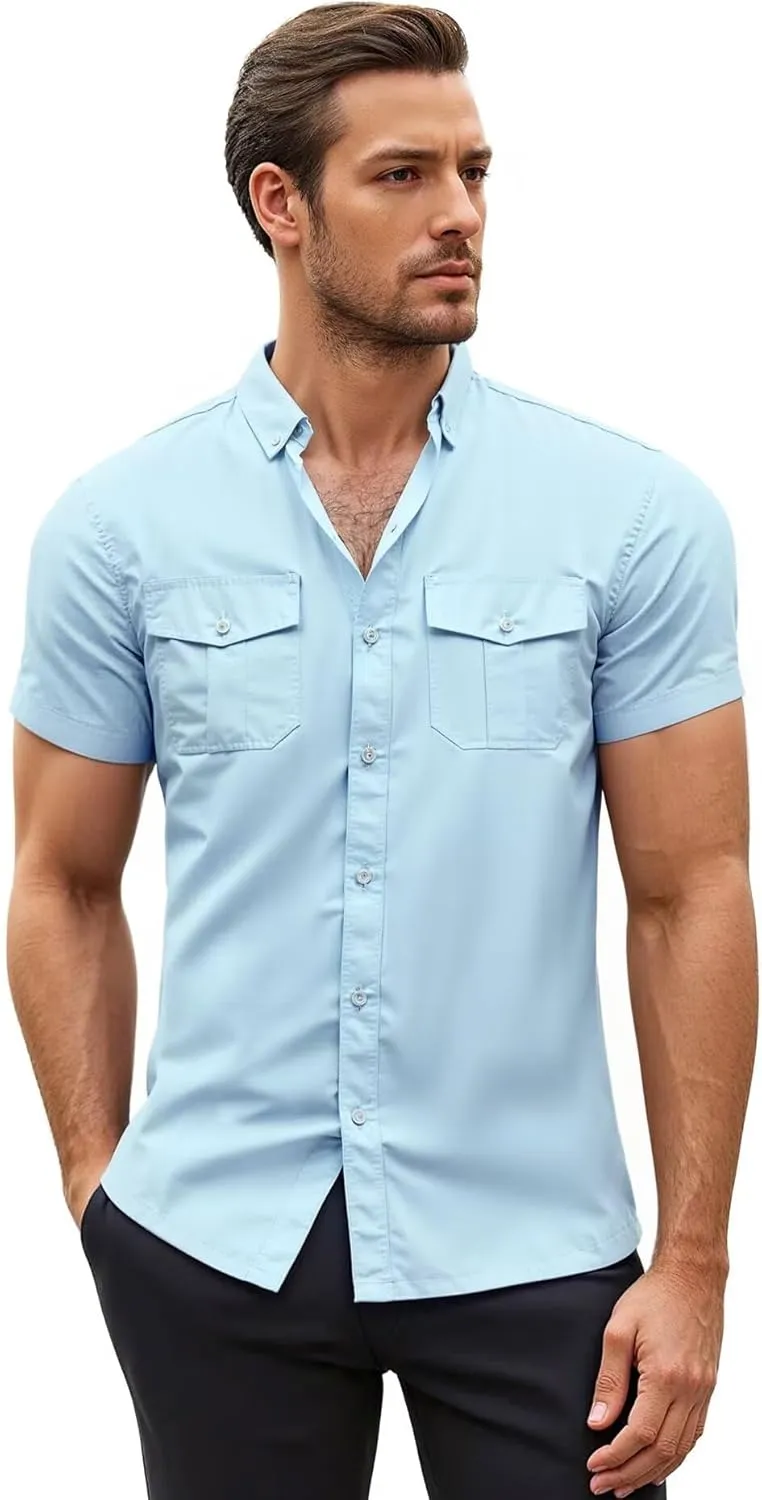 ETHANOL Mens Super Soft Slim Fit Shirt Wrinkle Free Performance Tech 4-Way Stretch Ripstop Fabric Casual Short Sleeve Shirts
