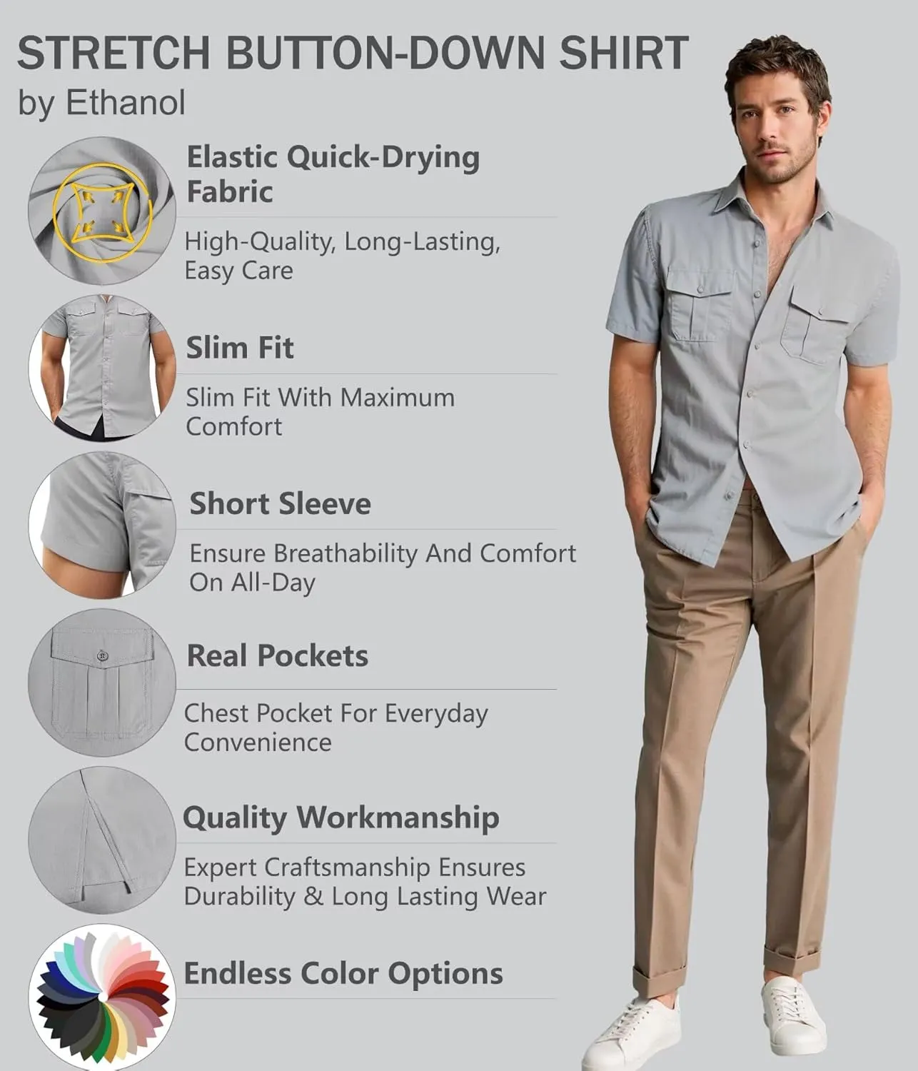 ETHANOL Mens Super Soft Slim Fit Shirt Wrinkle Free Performance Tech 4-Way Stretch Ripstop Fabric Casual Short Sleeve Shirts