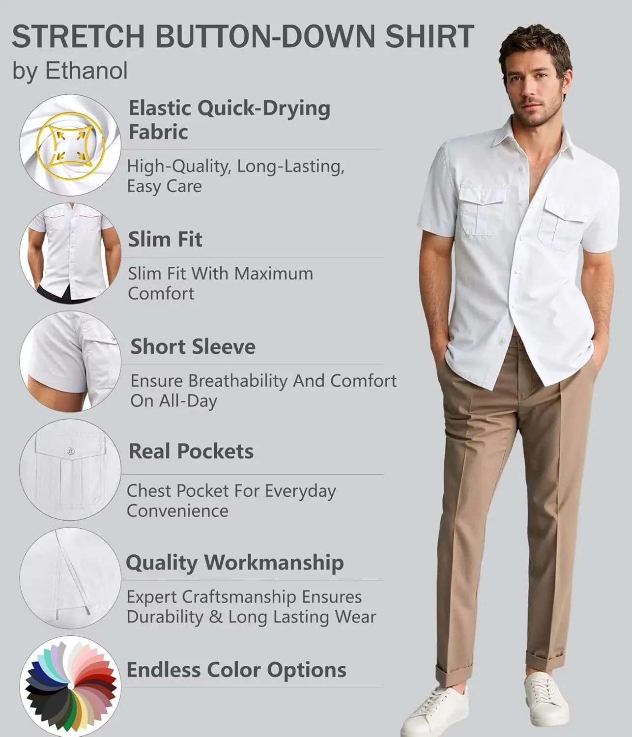 ETHANOL Mens Super Soft Slim Fit Shirt Wrinkle Free Performance Tech 4-Way Stretch Ripstop Fabric Casual Short Sleeve Shirts