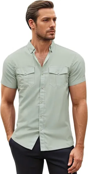 ETHANOL Mens Super Soft Slim Fit Shirt Wrinkle Free Performance Tech 4-Way Stretch Ripstop Fabric Casual Short Sleeve Shirts