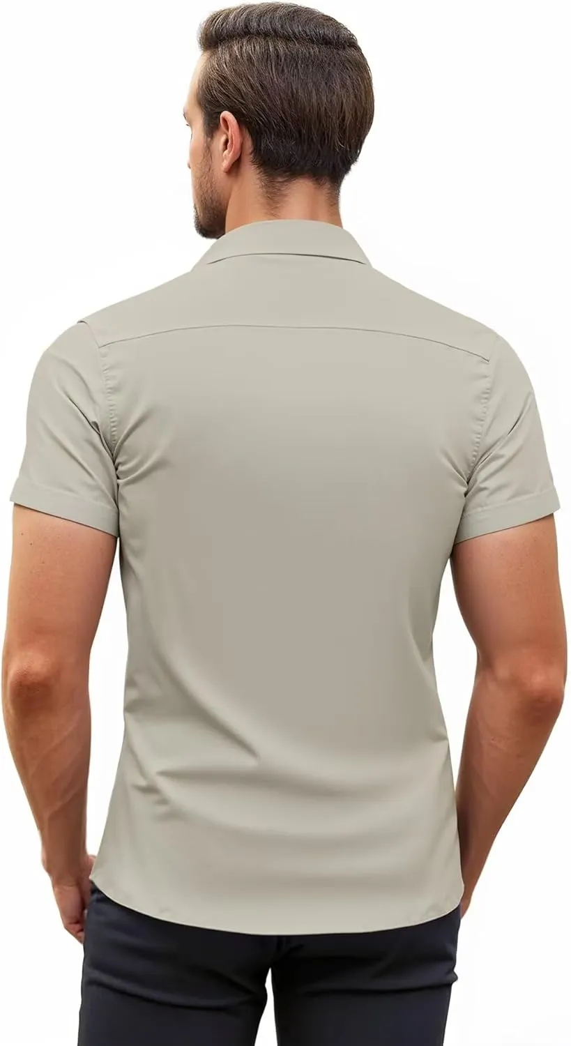 ETHANOL Mens Super Soft Slim Fit Shirt Wrinkle Free Performance Tech 4-Way Stretch Ripstop Fabric Casual Short Sleeve Shirts