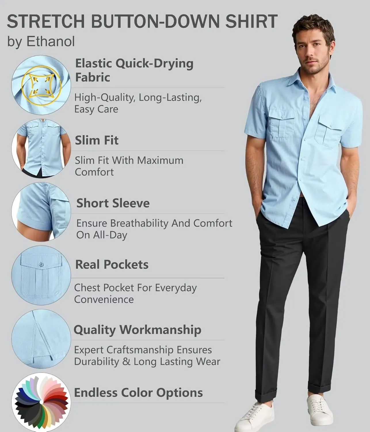 ETHANOL Mens Super Soft Slim Fit Shirt Wrinkle Free Performance Tech 4-Way Stretch Ripstop Fabric Casual Short Sleeve Shirts