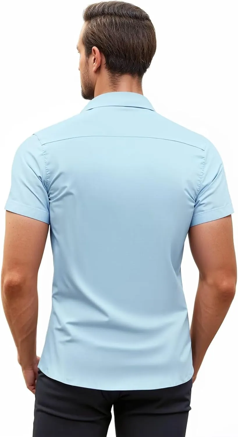 ETHANOL Mens Super Soft Slim Fit Shirt Wrinkle Free Performance Tech 4-Way Stretch Ripstop Fabric Casual Short Sleeve Shirts