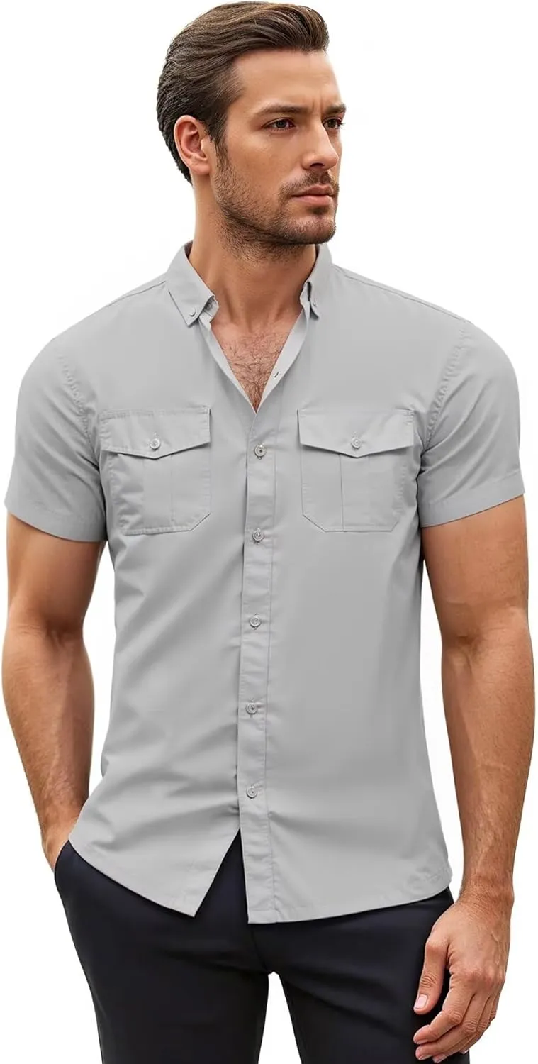ETHANOL Mens Super Soft Slim Fit Shirt Wrinkle Free Performance Tech 4-Way Stretch Ripstop Fabric Casual Short Sleeve Shirts