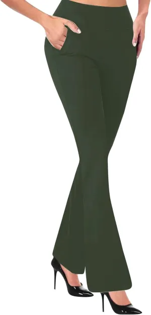 fanmpghleoo Pull On Dress Pants for Women Stretchy Yoga Work Pants High Waisted Flare Leggings with Pockets Office Slacks