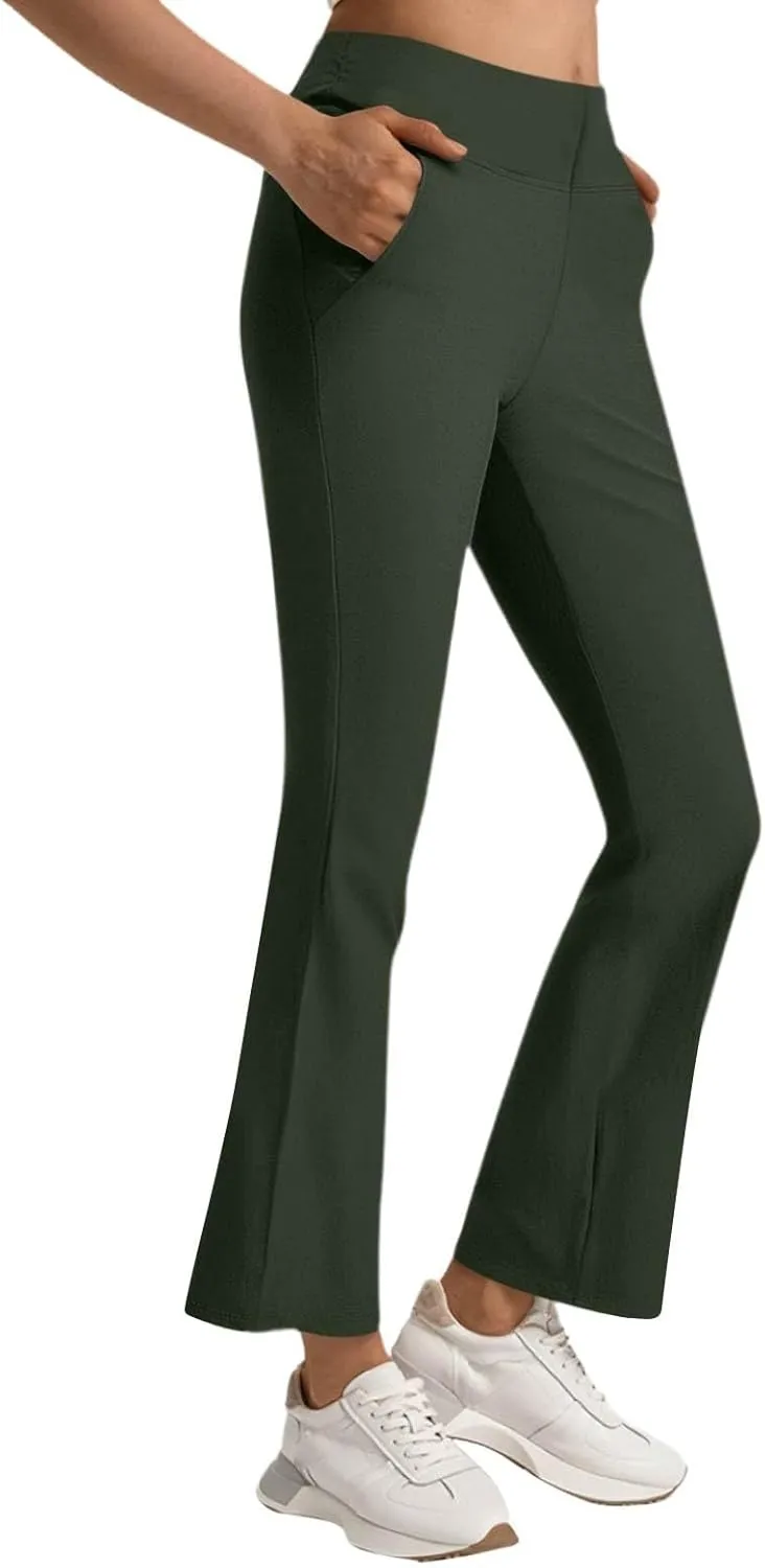 fanmpghleoo Pull On Dress Pants for Women Stretchy Yoga Work Pants High Waisted Flare Leggings with Pockets Office Slacks
