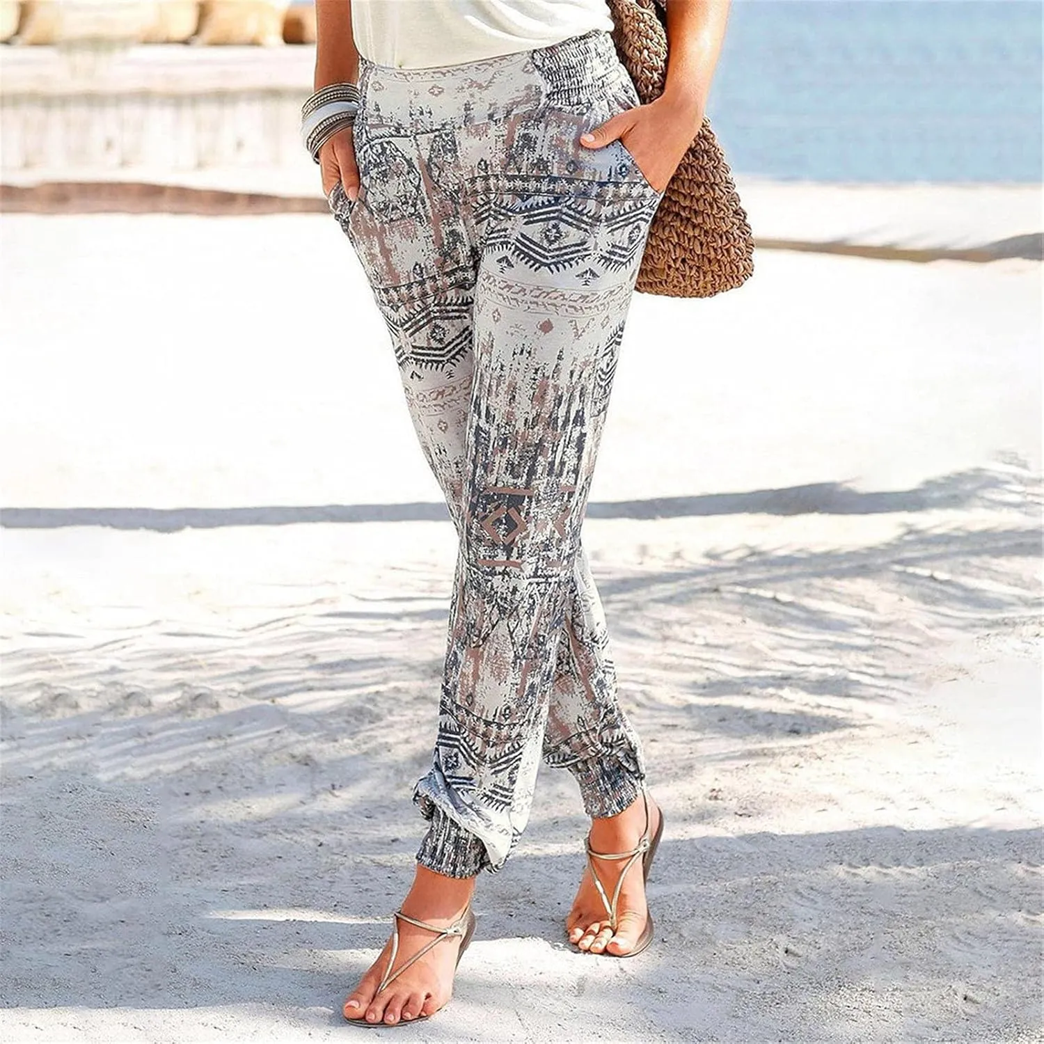 FarJing Women's Boho Palazzo Pants Casual Comfy High Waist Print Stretch Beach Trousers Lounge Pants Wide Leg