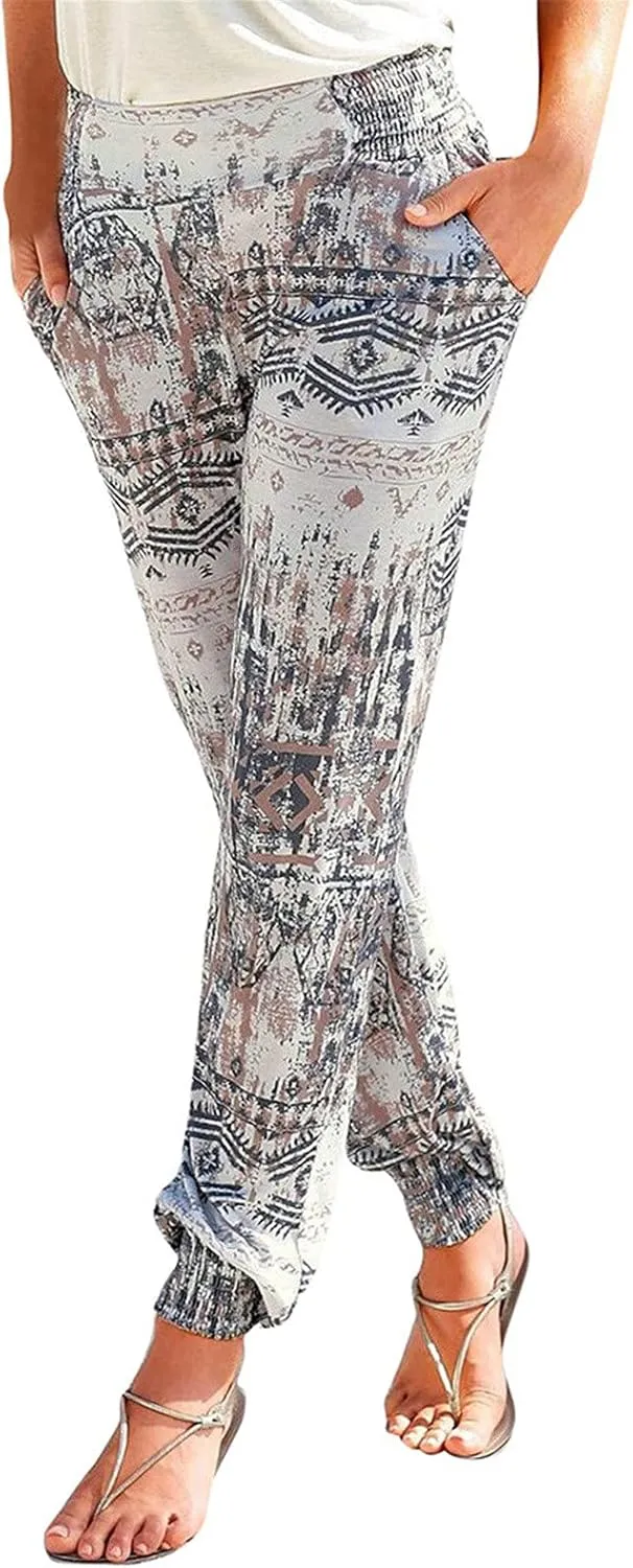 FarJing Women's Boho Palazzo Pants Casual Comfy High Waist Print Stretch Beach Trousers Lounge Pants Wide Leg