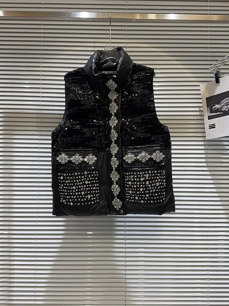 Fashion Designer Jacket Women's Sleeveless Rhinestone Diamonds Beaded Puffy Down Vest