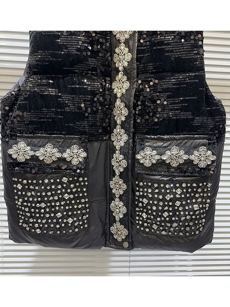 Fashion Designer Jacket Women's Sleeveless Rhinestone Diamonds Beaded Puffy Down Vest