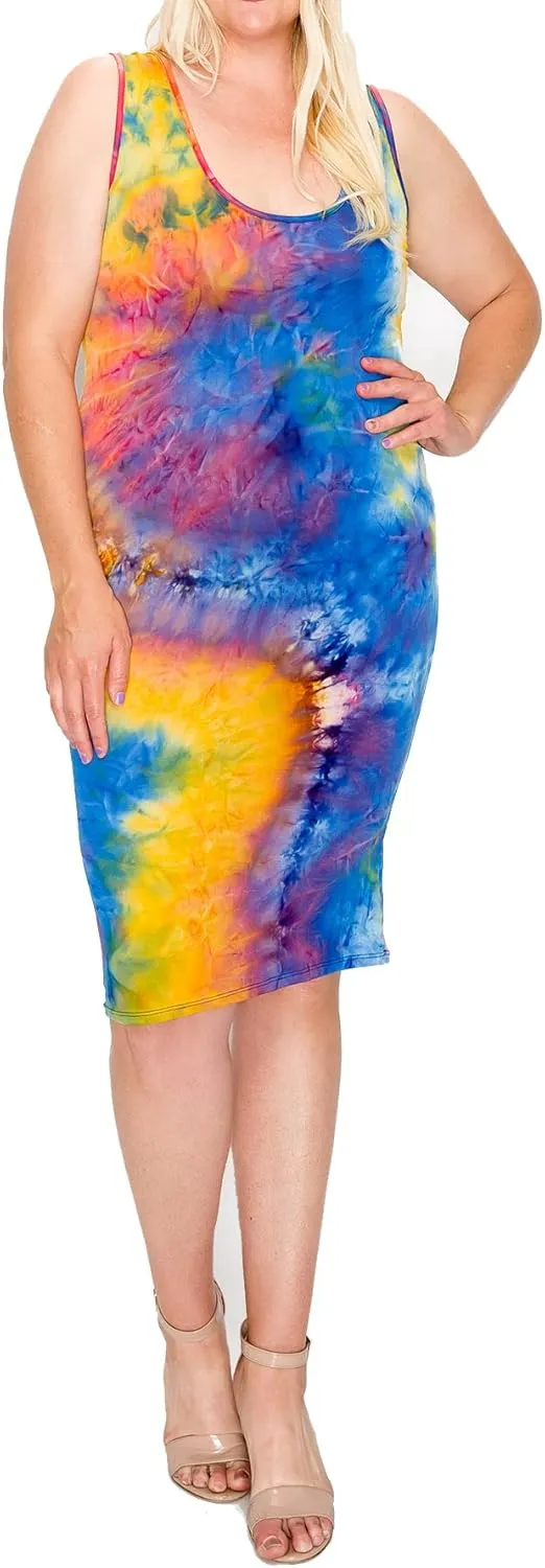FashionStream Women's Plus Size Tie Dye Fitted Bodycon Scoop Neck Sleeveless Basic Cami Midi Dress