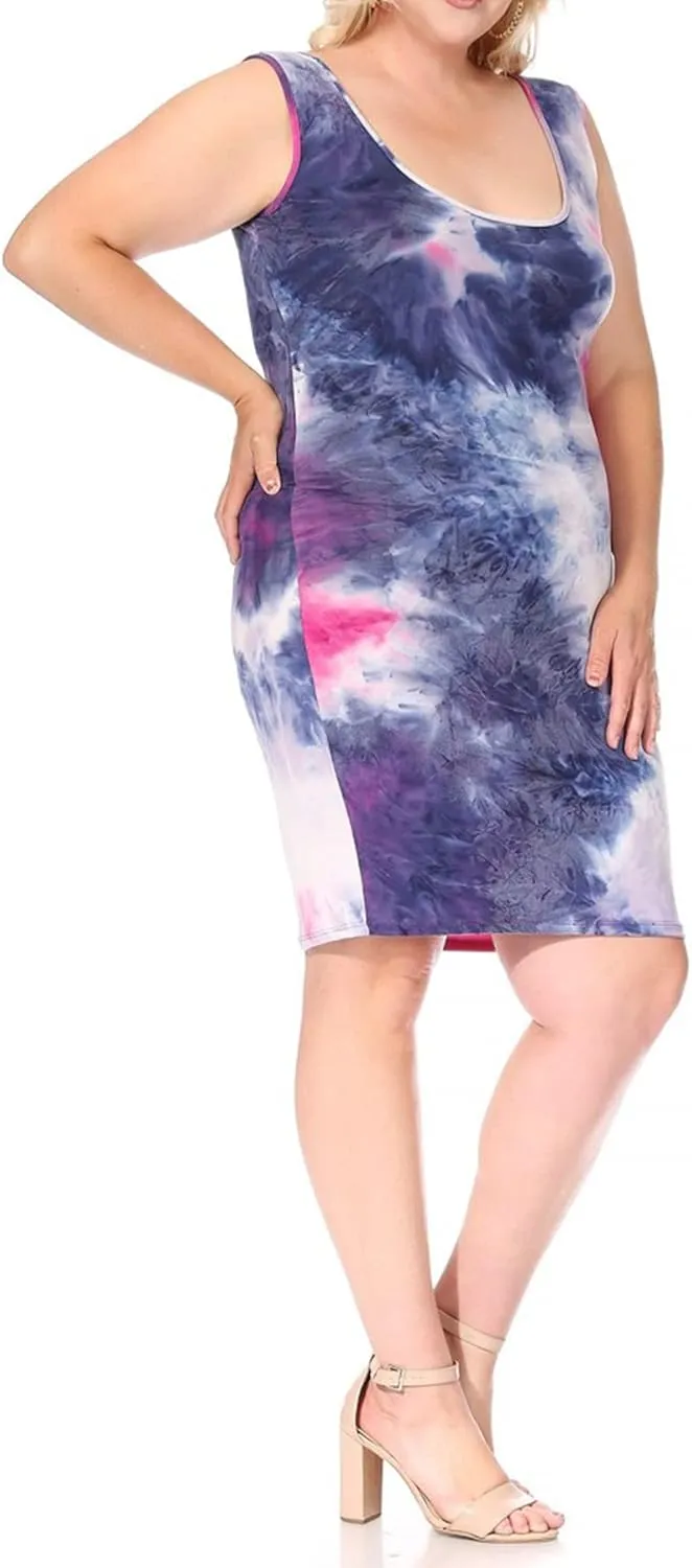 FashionStream Women's Plus Size Tie Dye Fitted Bodycon Scoop Neck Sleeveless Basic Cami Midi Dress