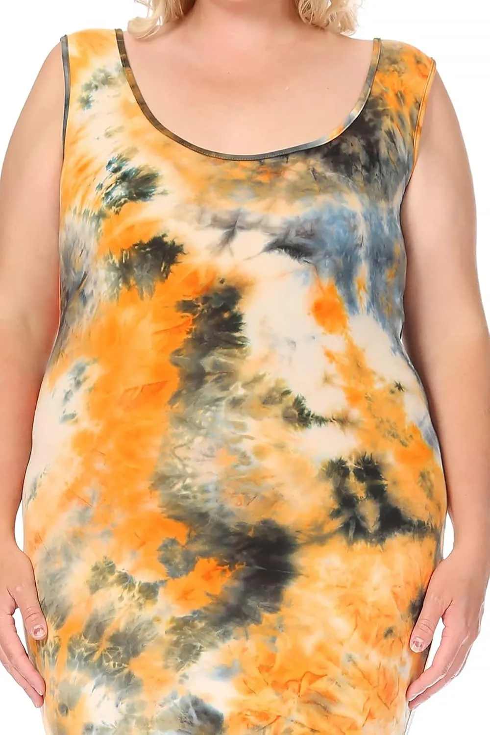 FashionStream Women's Plus Size Tie Dye Fitted Bodycon Scoop Neck Sleeveless Basic Cami Midi Dress