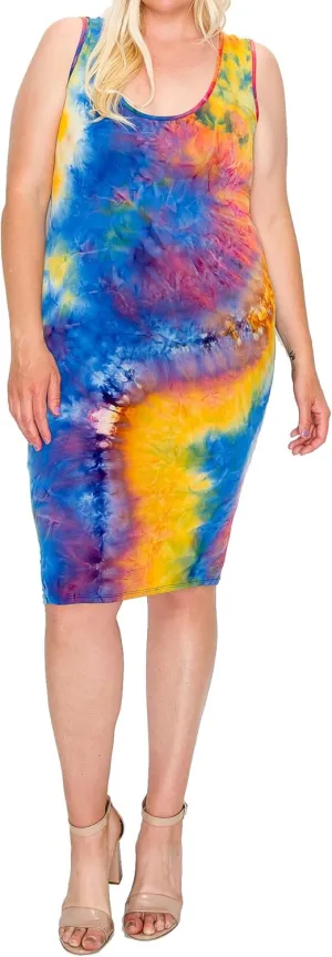 FashionStream Women's Plus Size Tie Dye Fitted Bodycon Scoop Neck Sleeveless Basic Cami Midi Dress