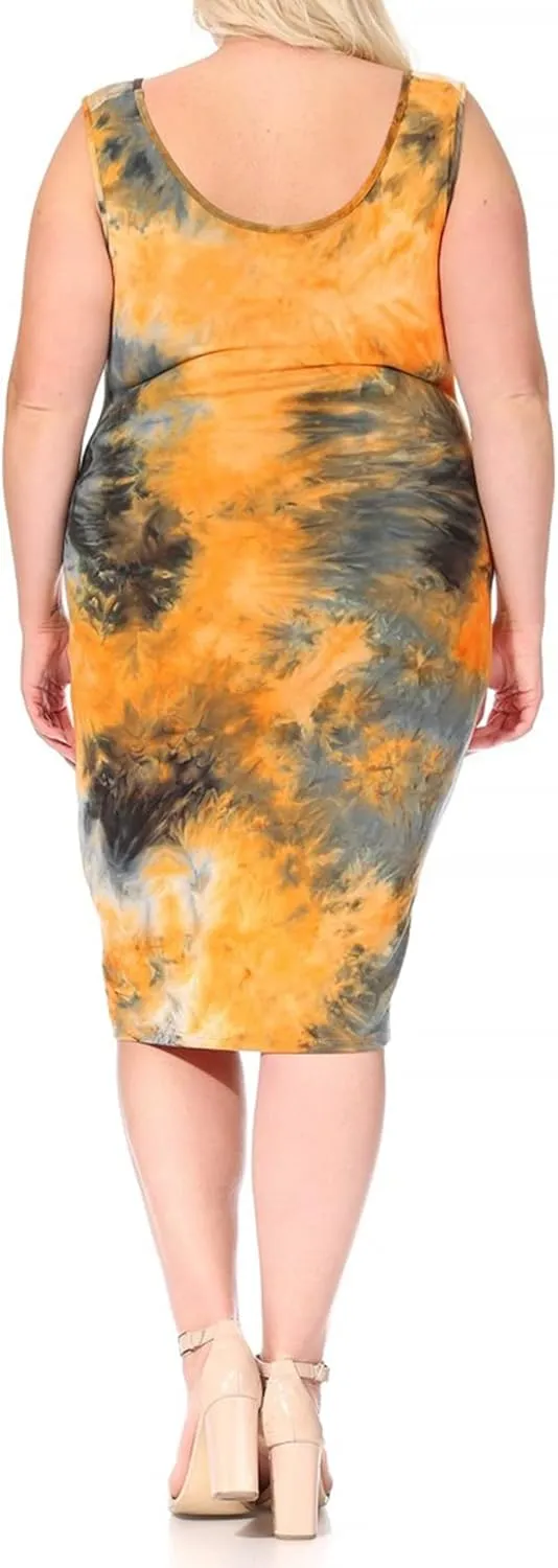 FashionStream Women's Plus Size Tie Dye Fitted Bodycon Scoop Neck Sleeveless Basic Cami Midi Dress
