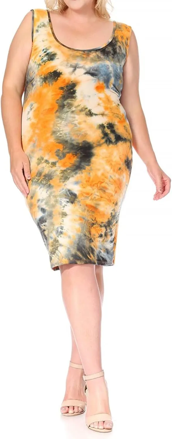 FashionStream Women's Plus Size Tie Dye Fitted Bodycon Scoop Neck Sleeveless Basic Cami Midi Dress