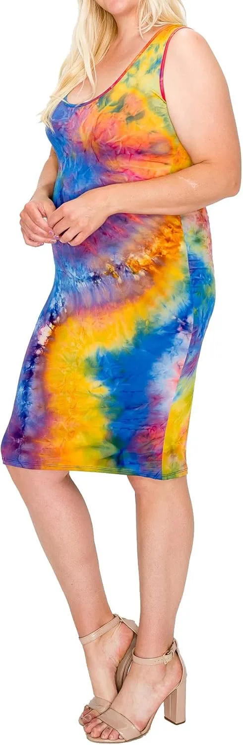 FashionStream Women's Plus Size Tie Dye Fitted Bodycon Scoop Neck Sleeveless Basic Cami Midi Dress