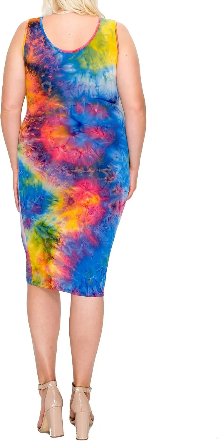 FashionStream Women's Plus Size Tie Dye Fitted Bodycon Scoop Neck Sleeveless Basic Cami Midi Dress
