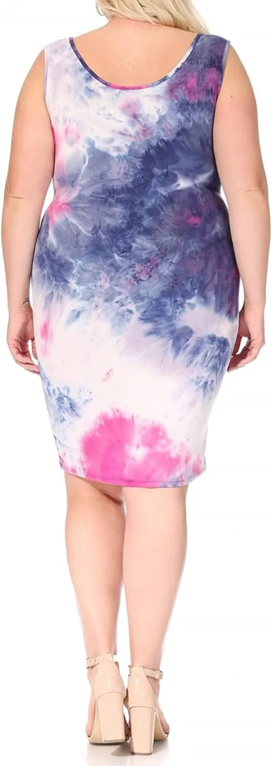 FashionStream Women's Plus Size Tie Dye Fitted Bodycon Scoop Neck Sleeveless Basic Cami Midi Dress