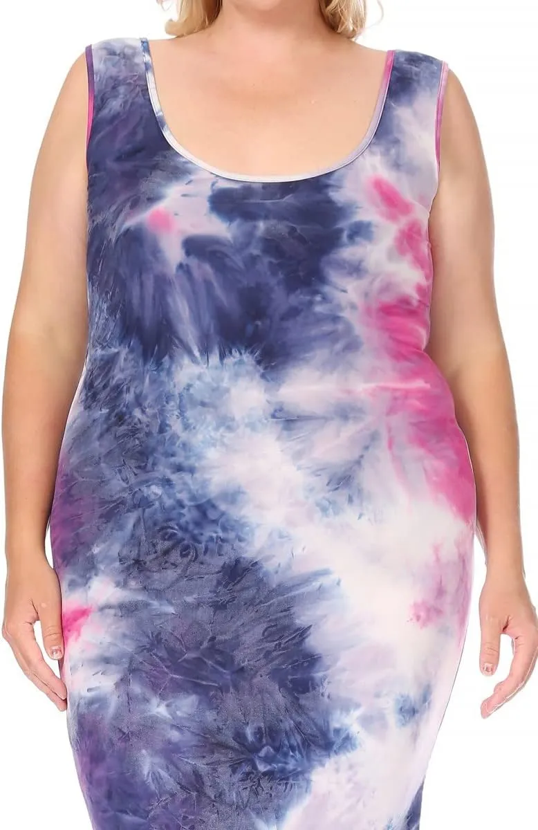 FashionStream Women's Plus Size Tie Dye Fitted Bodycon Scoop Neck Sleeveless Basic Cami Midi Dress