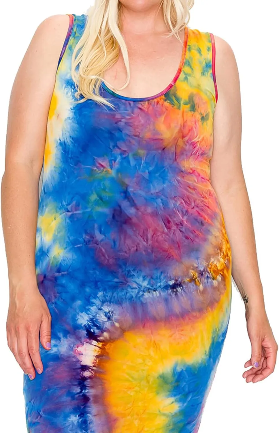 FashionStream Women's Plus Size Tie Dye Fitted Bodycon Scoop Neck Sleeveless Basic Cami Midi Dress