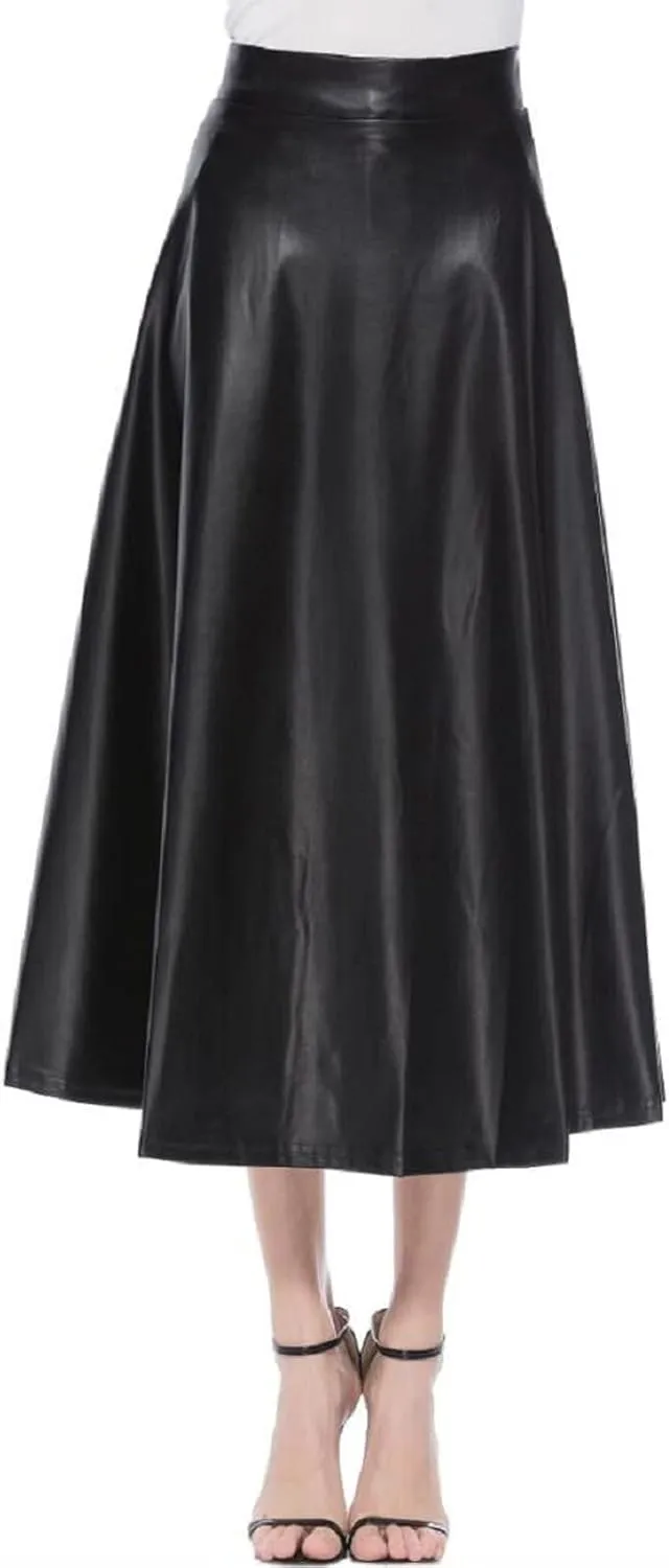 Faux Leather A Line Womens High Waist Skirts Pleather Midi Long Skirt Solid Color Skirt Summer Skirts for Women